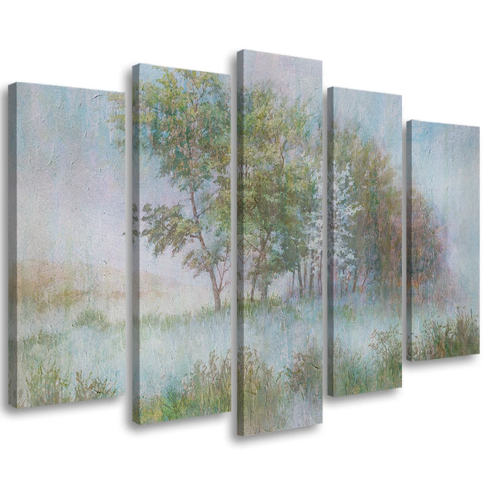 Canvas Print 5 Pieces, Trees On A Foggy Meadow