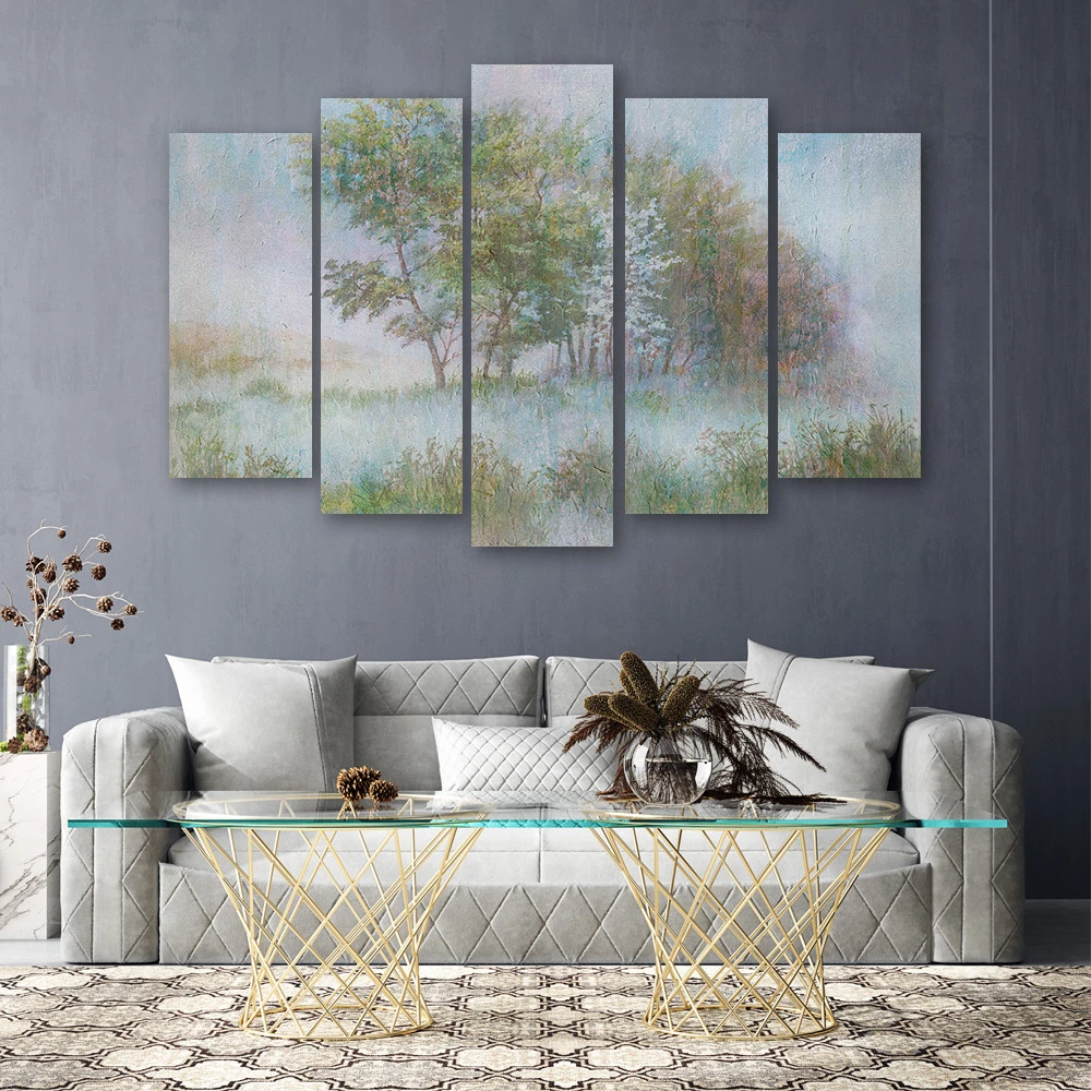 Canvas Print 5 Pieces, Trees On A Foggy Meadow - Image 2