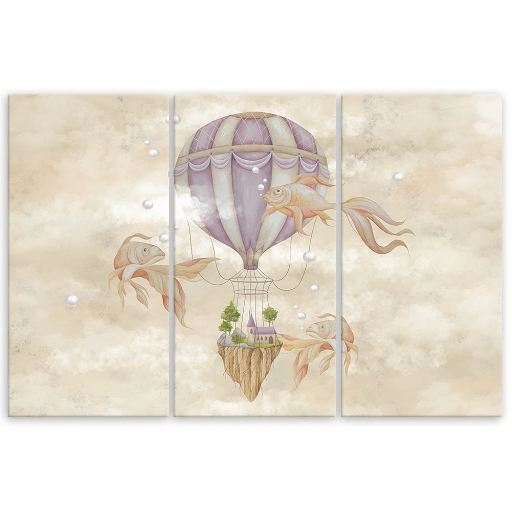 Canvas Print 3 Pieces, Hot Air Balloon Flying House And Fish - Image 3