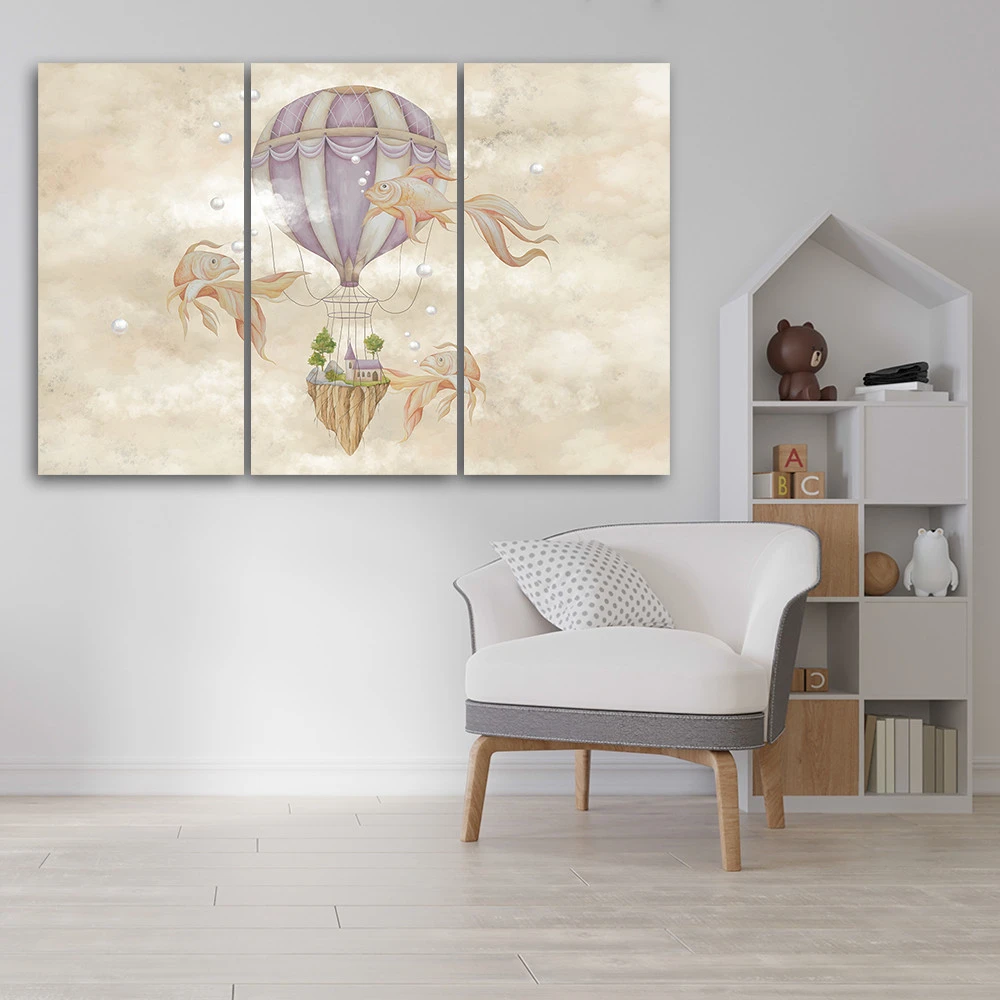 Canvas Print 3 Pieces, Hot Air Balloon Flying House And Fish - Image 2