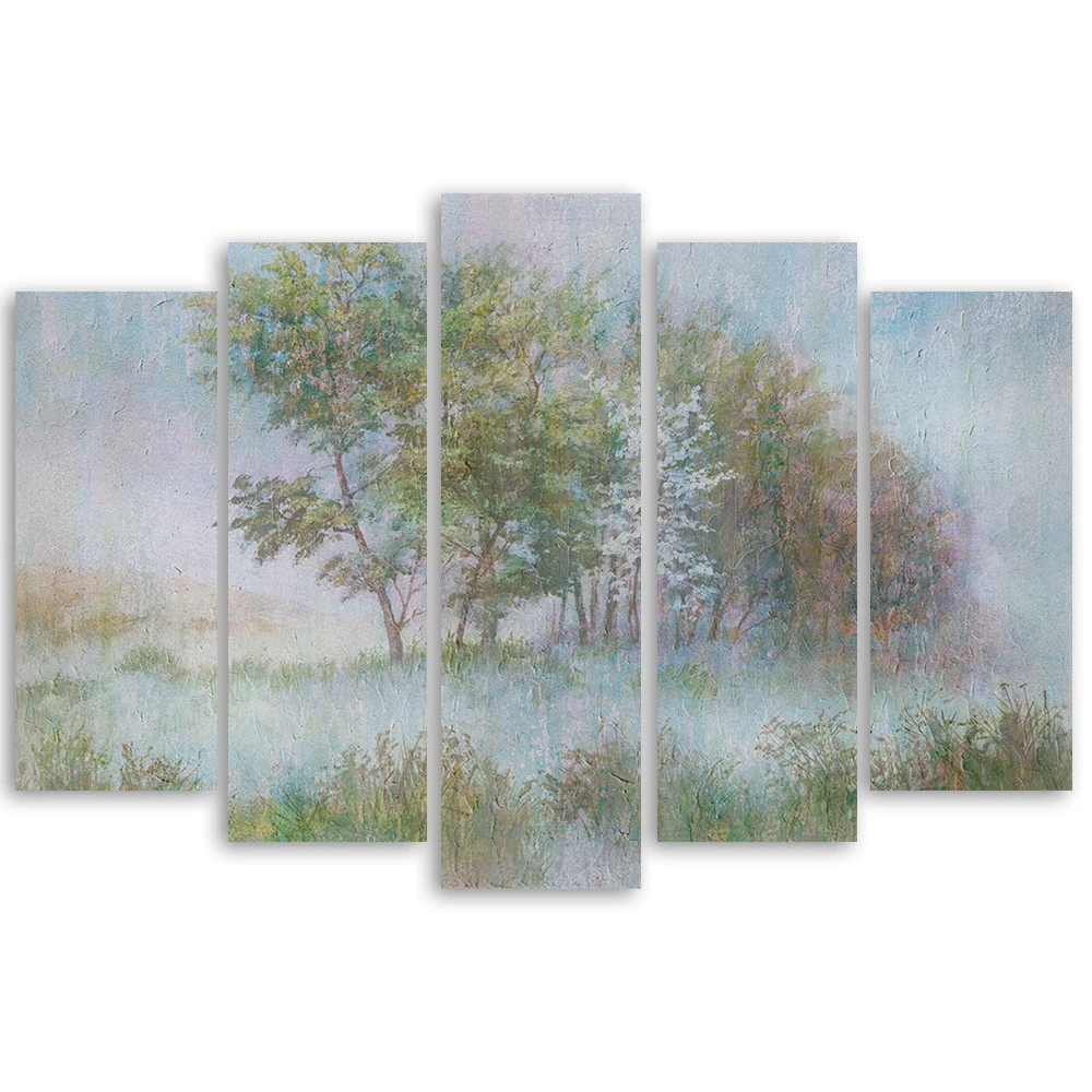 Canvas Print 5 Pieces, Trees On A Foggy Meadow - Image 3