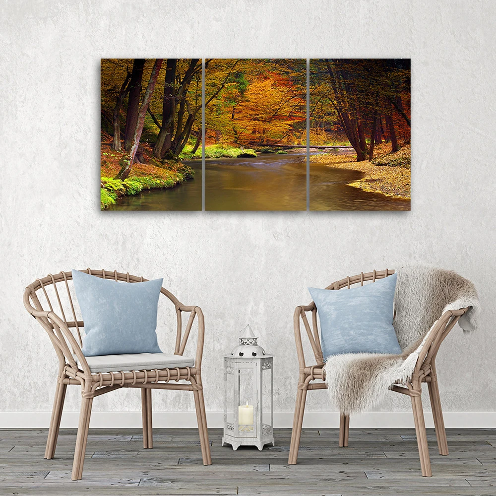 3 Piece Canvas Print, Autumn Forest River - Image 2
