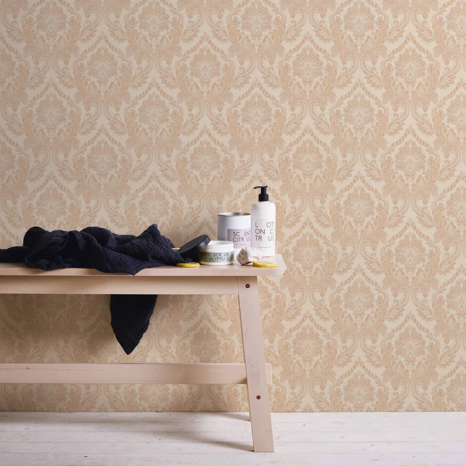 Architects Paper, Di Seta Fleece Wallpaper With Ornaments, Baroque, Orange, Beige, Metallic