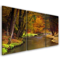 3 Piece Canvas Print, Autumn Forest River