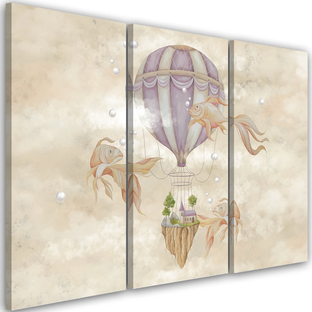Canvas Print 3 Pieces, Hot Air Balloon Flying House And Fish