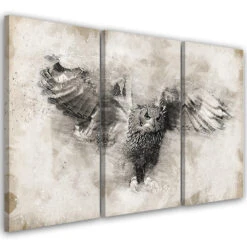 3 Piece Canvas Print Owl Birds Gray Vintage