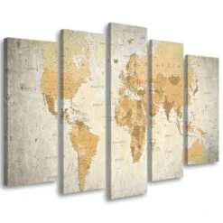 5 Piece Canvas Print, World Map Brown