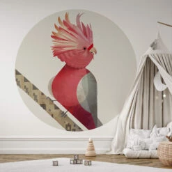 Round Wallpaper Braun - Pink Bird
