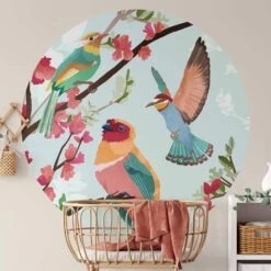 Round Wallpaper Goed Blauw - Birds In Summer
