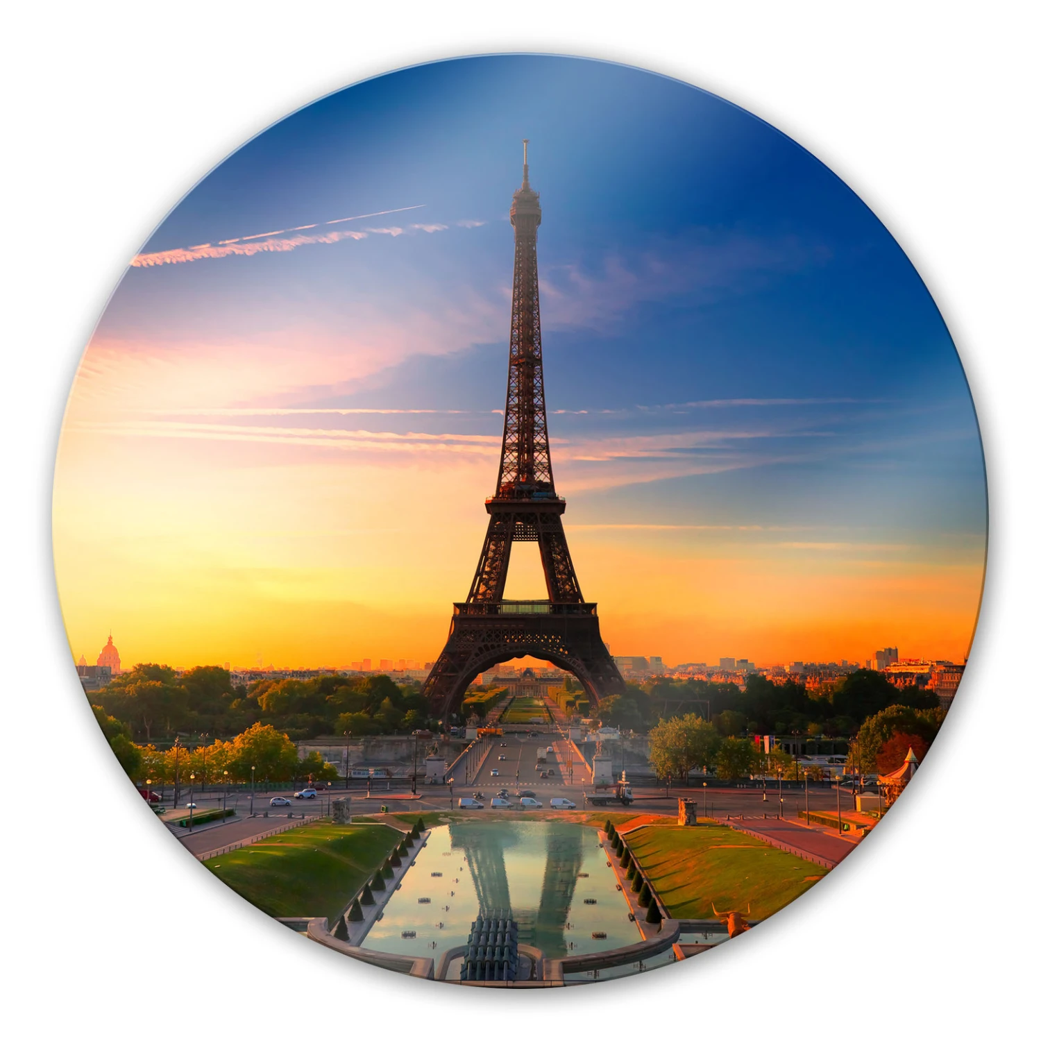 Eiffel Tower In Sunset - Round Glass Art