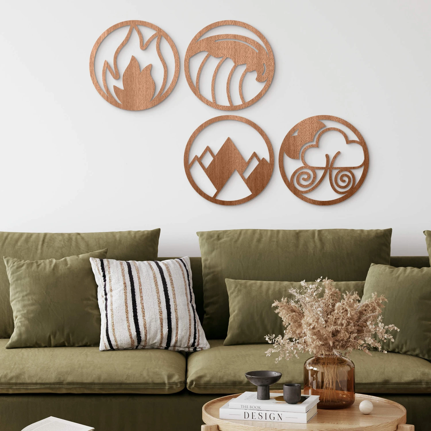 Wooden Wall Decoration Mahogany Veneer Four Elements - Fire Water Earth Air (4 Parts)