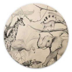 Wall Circle Wood Kvilis - Animal Friends In The Jungle (black And White)