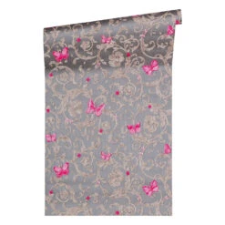 Versace Wallpaper Non-woven Wallpaper Butterfly Barocco Grey, Metallic, Purple