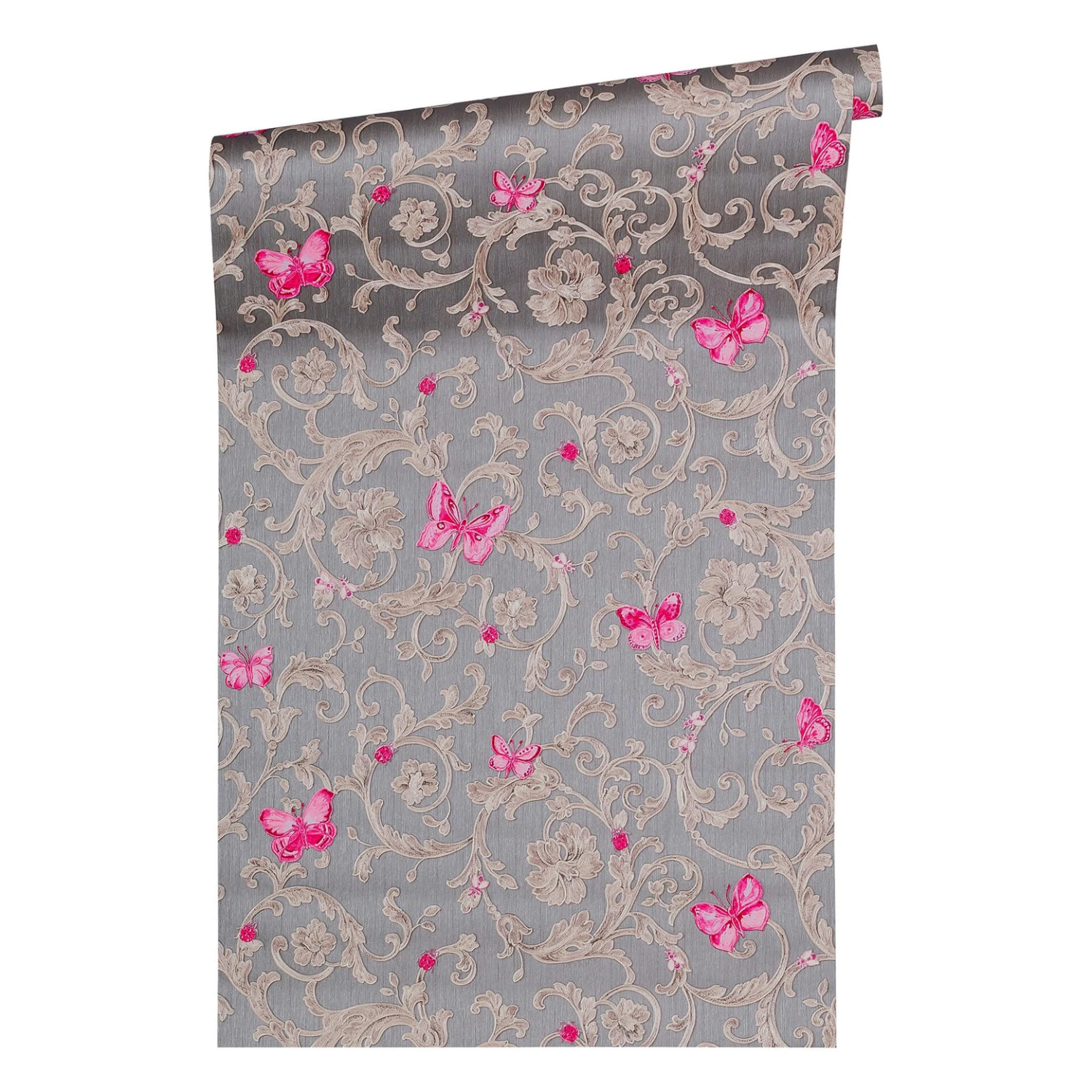 Versace Wallpaper Non-woven Wallpaper Butterfly Barocco Grey, Metallic, Purple