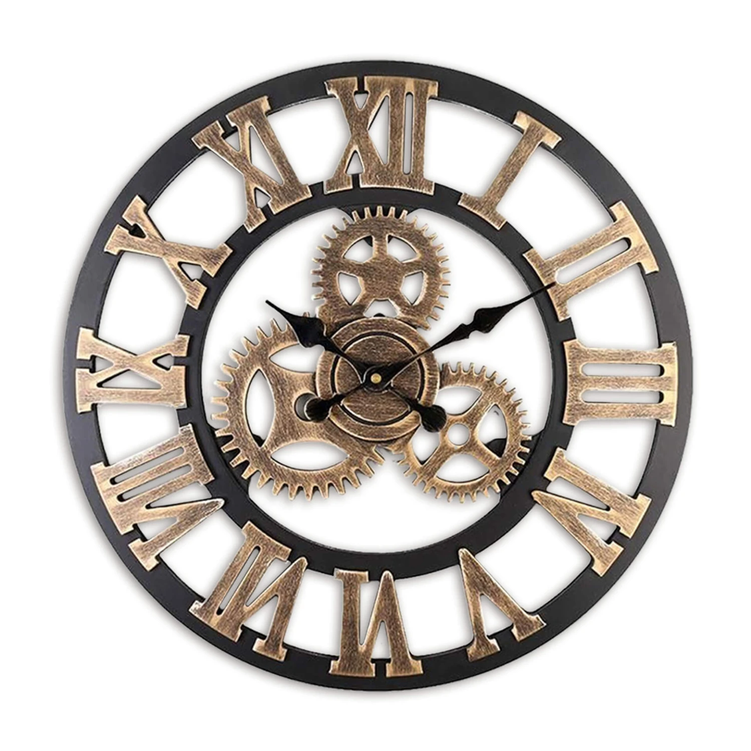 Vintage Wood Wall Clock Gear Design Black Gold Ø40cm
