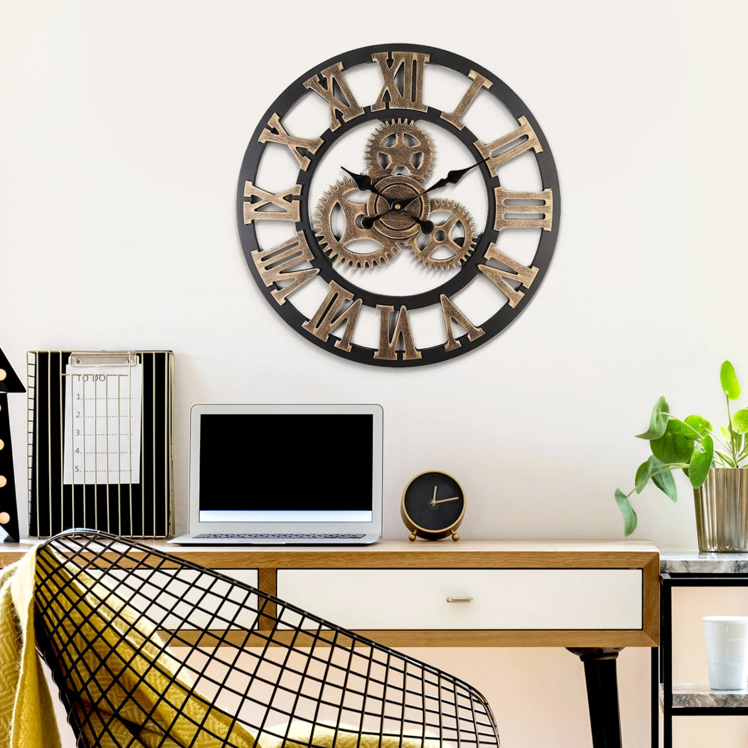 Vintage Wood Wall Clock Gear Design Black Gold Ø40cm - Image 2