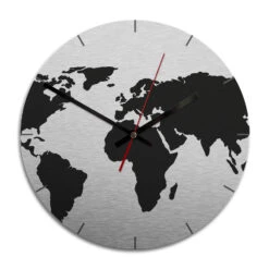 Wall Clock Alu-Dibond Silver World Map Ø 28 Cm